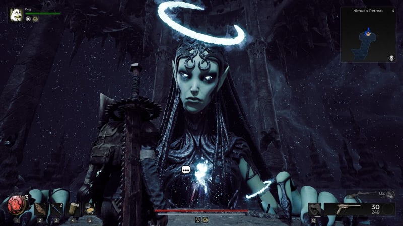 The player and Nimue look at one another, in a scene that prompts speculation about future DLC from Gunfire Games