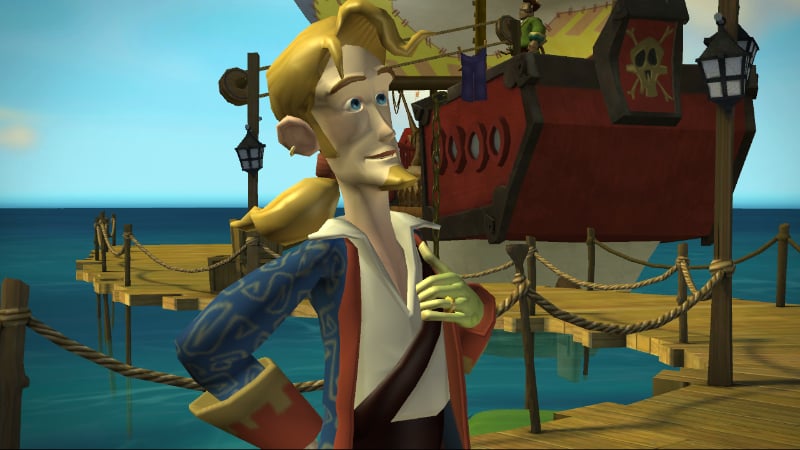 The hero poses on a dock with a ship in the background in Tales of Monkey Island.