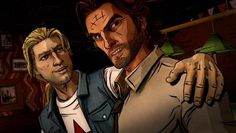 Someone puts their arm around Bigby in The Wolf Among Us, an interactive fiction experience by Telltale Games