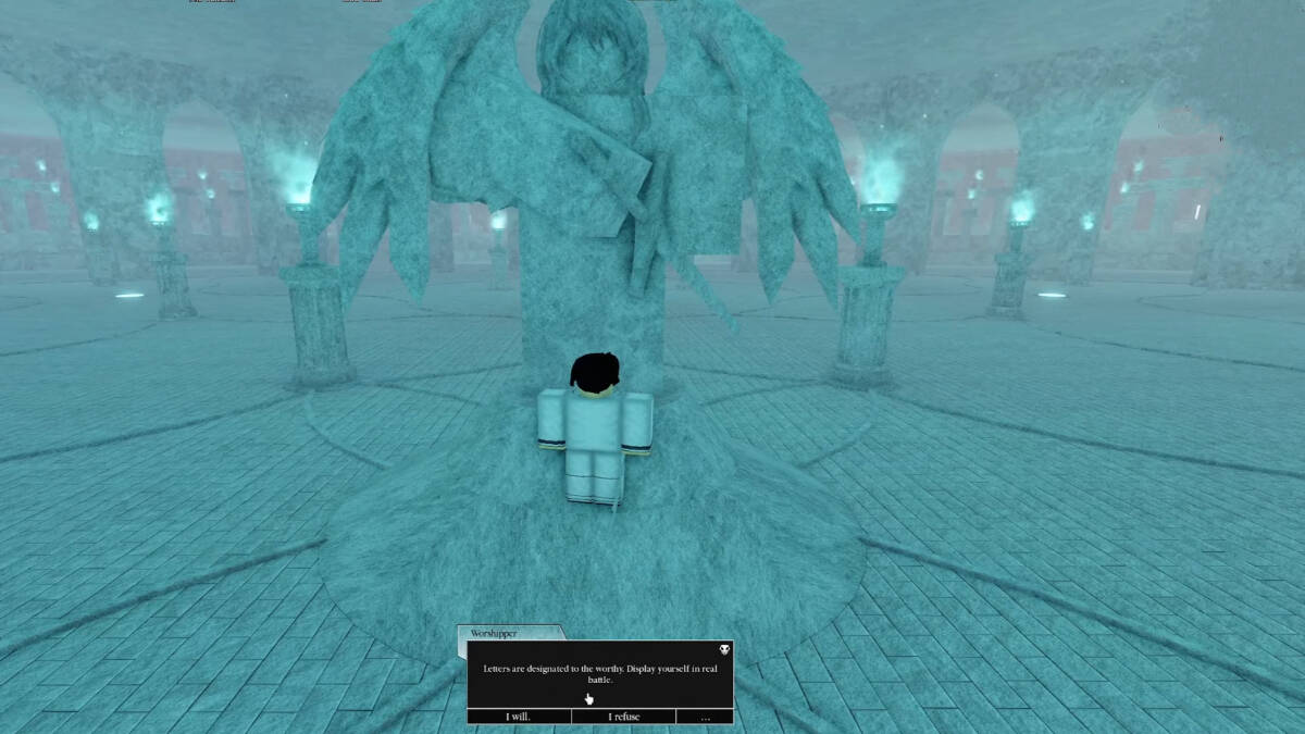 The player interacts with the statue that commands them to hunt enemies to get Schrift in Type Soul