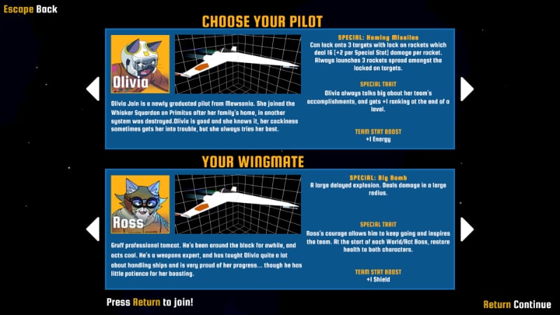 The pilot and wingmate selection screen in Whisker Squadron: Survivor, displaying the characters and their various attributes.