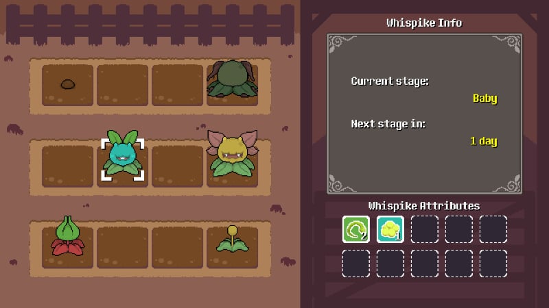 Growing Whispikes in a garden and checking their attributes in Whispike Survivors: Sword of the Necromancer.