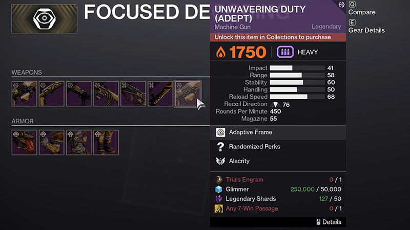 Destiny 2 Unwavering Duty Adept machine gun stats.