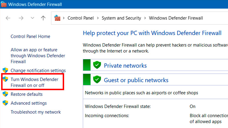 Turn off and on Windows Firewall