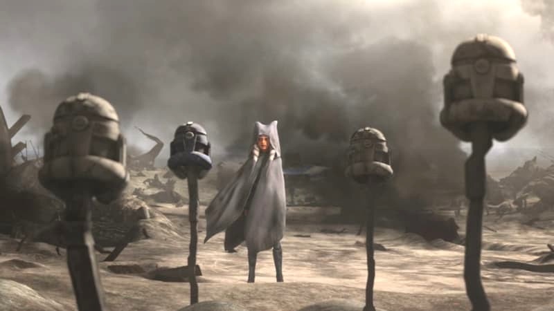 Ahsoka looking at the helmets of dead clone troopers at the end of The Clone Wars