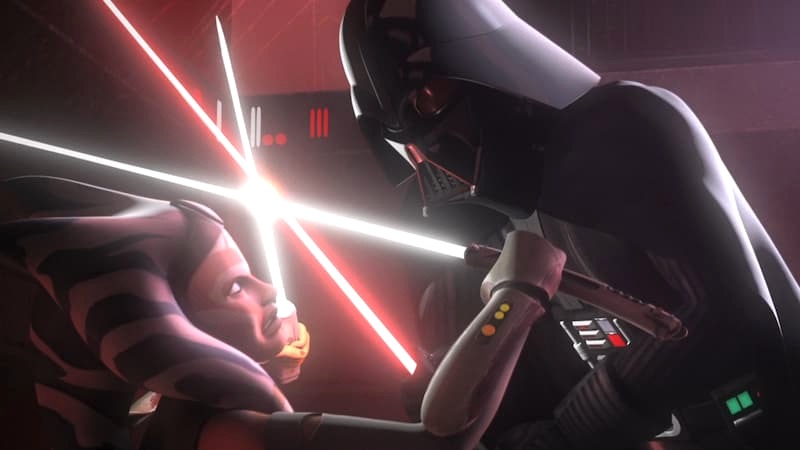 Ahsoka fighting the villain Darth Vader in Star Wars Rebels