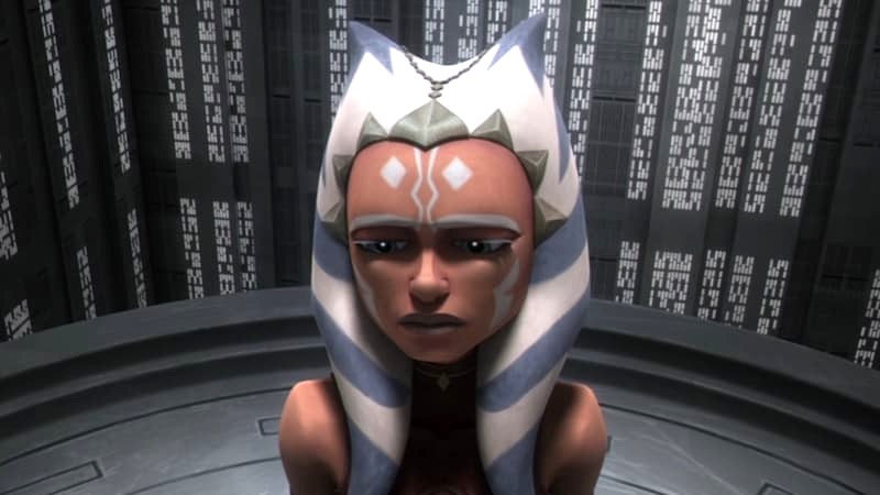 Ahsoka looking sad while she is on trial in The Clone Wars