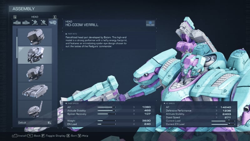 HD0CCM head piece in Armored Core 6, part of the best tetra build