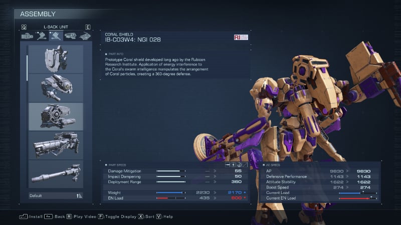 The Coral Shield, one of the best back equipment pieces from Armored Core 6