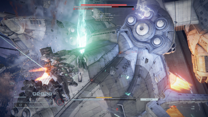 The player's AC slashes the Helicopter boss in Armored Core 6