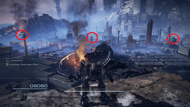 The three marked wrecks in the Illegal Entry mission of Armored Core 6