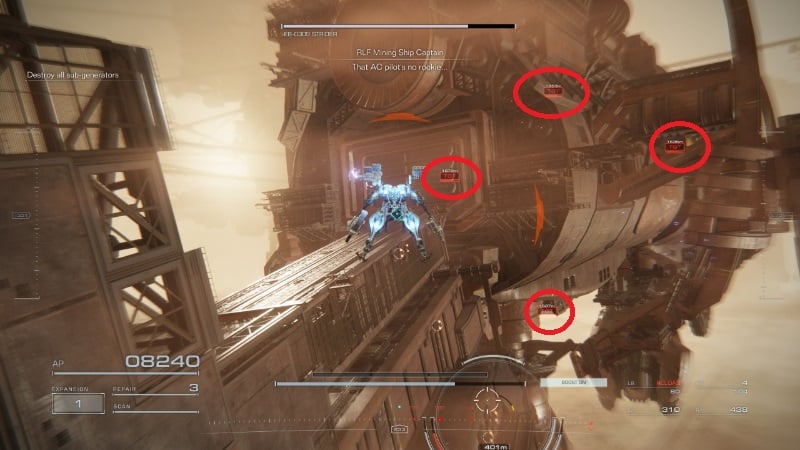 The player flies toward the four subgenerator targets in AC6