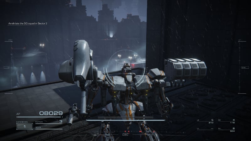 An AC uses buildings for cover in Sector Two of Attack the Watchpoint in AC6