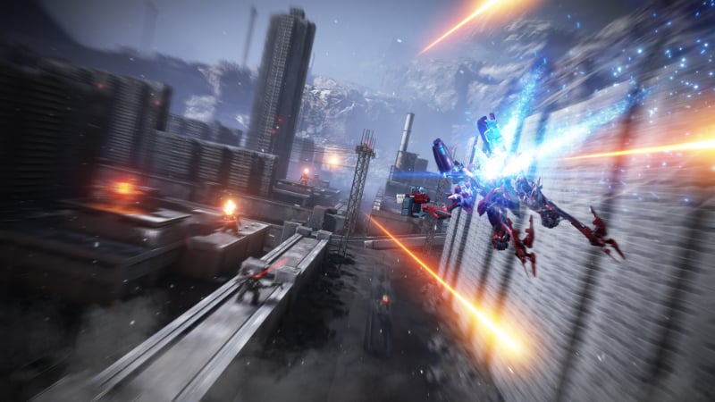 An AC soars over a populated city in Armored Core 6: Fires of Rubicon