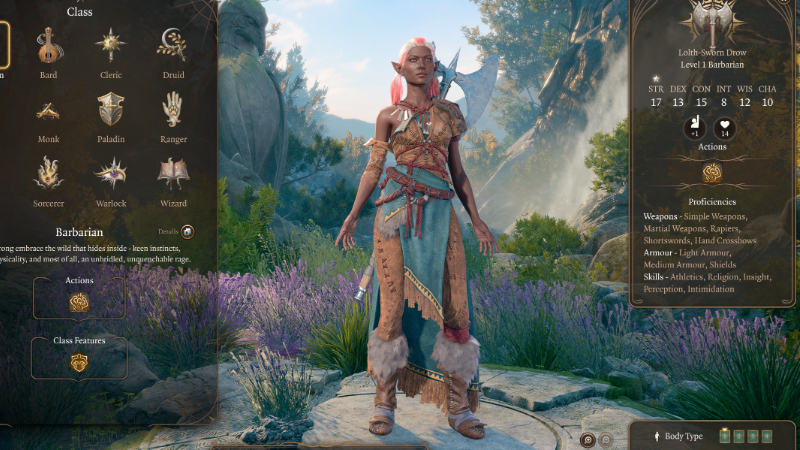 Barbarian on the character creation screen in Baldur's Gate 3, an unexpected social class