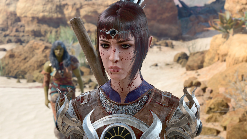 Close-up of a bloody party member in Baldur's Gate 3
