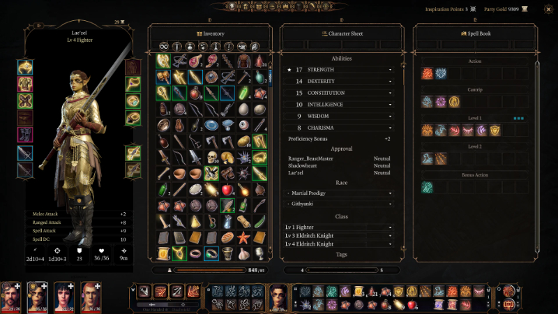 Character menu with altered weight thanks to the CarryWeightExtra mod in BG3 by Larian Studios