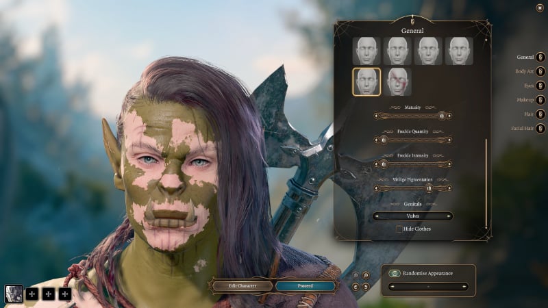 A half-orc with vitiligo in Baldur's Gate 3, rivaling the customization of D&D