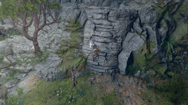 Character climbing a wall in Baldur's Gate 3 by Larian Studios