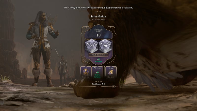 The player rolls to Intimidate an Owlbear in Baldur's Gate 3, using actual dice from D&D