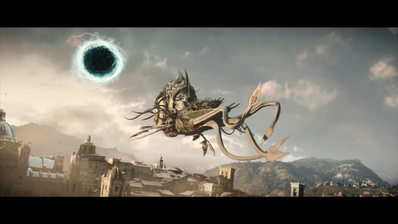 A Mind Flayer ship appears through a portal over a city in Baldur's Gate 3