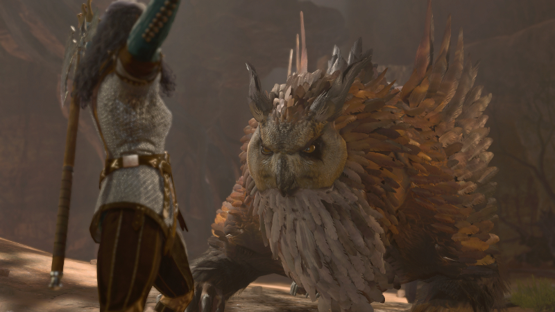A character confronts an Owlbear in Baldur's Gate 3
