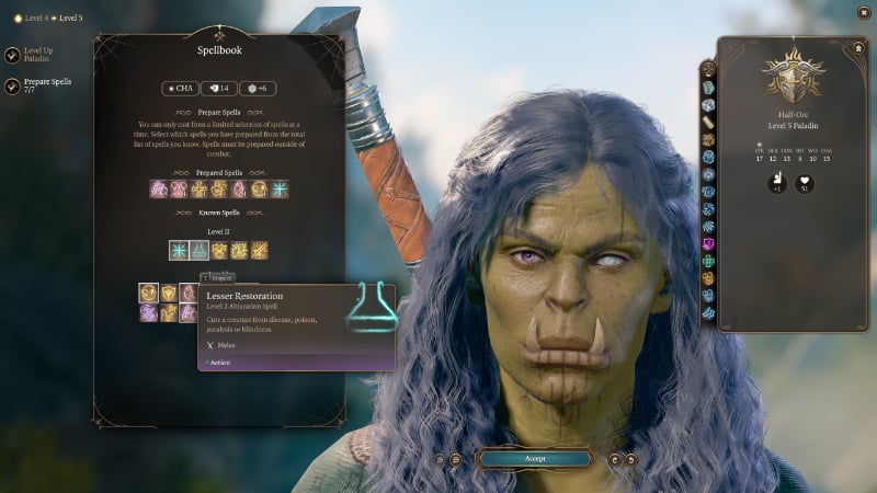 The Paladin's Lesser Restoration spell in Baldur's Gate 3