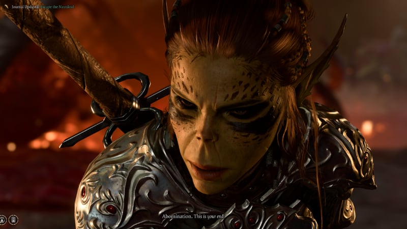 Close-up of one of the party members from Baldur's Gate 3