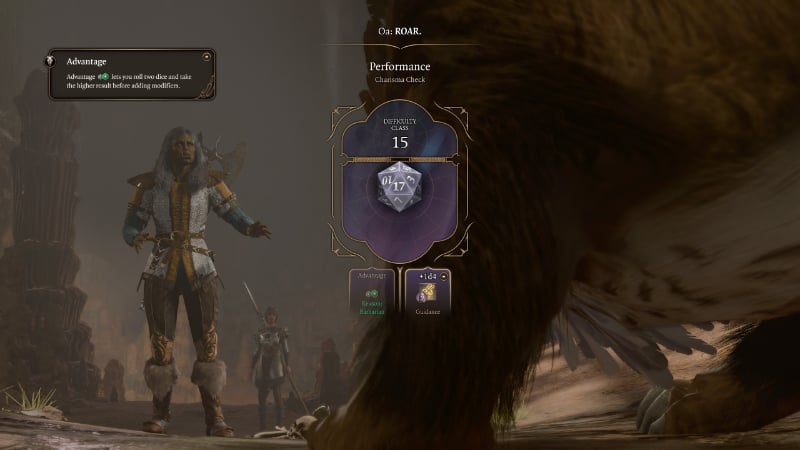 A Barbarian does a skill check to roar at an Owlbear in Baldur's Gate 3, demonstrating the power of this unusual social class