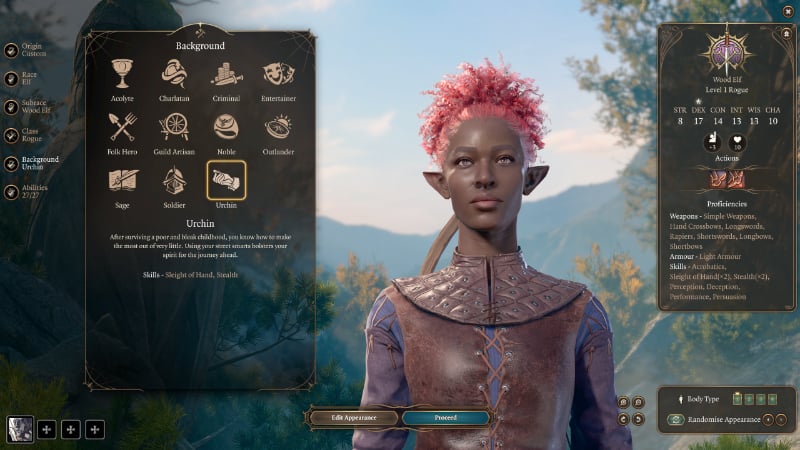 Rogue Background list in Baldur's Gate 3, part of the best Rogue class build