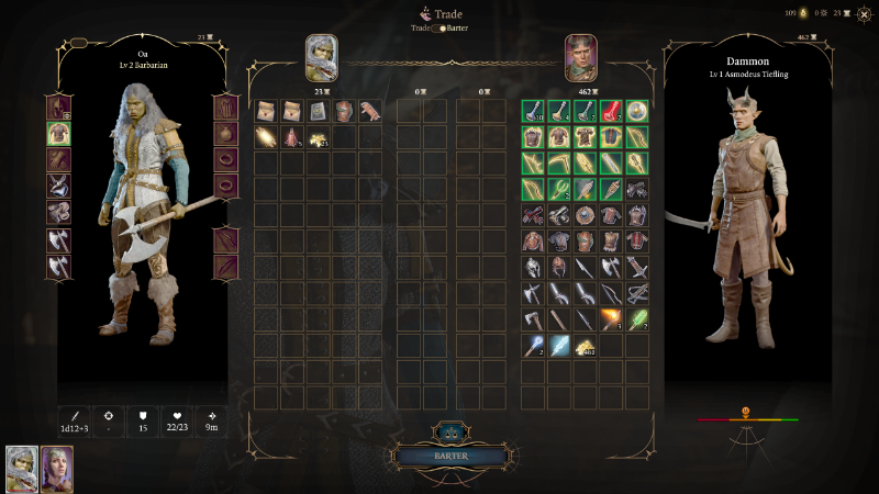 The trade screen in BG3 by Larian Studios