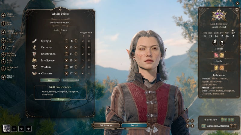 Attribute choices for a Warlock in Baldur's Gate 3