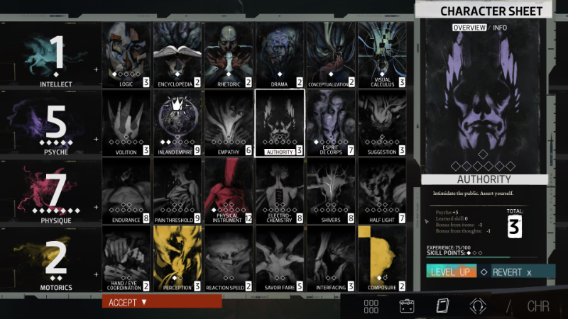 The character sheet from Disco Elysium, one of several games like Baldur's Gate 3