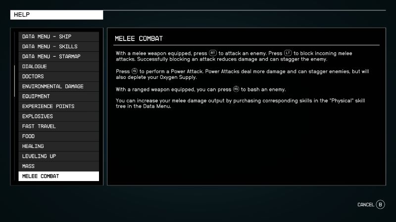 How To Melee in Starfield Menu