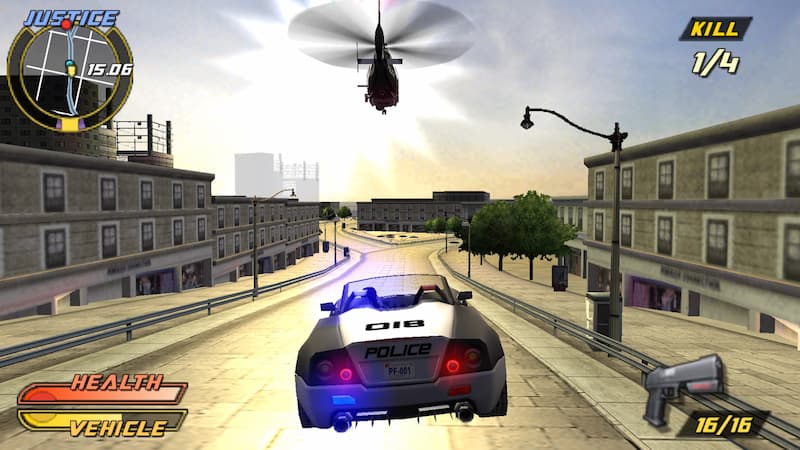 A screenshot of a police car and a helicopter from Pursuit Force: Extreme Justice.