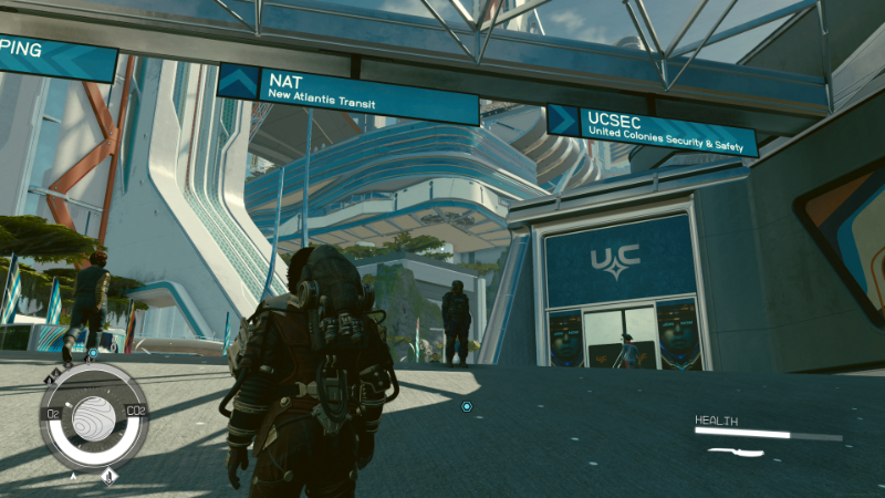 The player stands outside USEC in Bethesda's new sci-fi IP