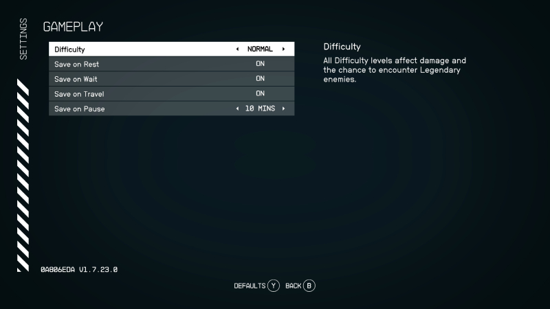 Starfield Difficulty Menu