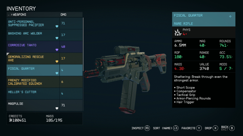 The weapon modification screen in Starfield