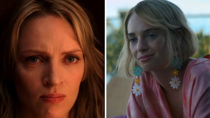 A split image of Uma Thurman in Kill Bill and Maya Hawke in Do Revenge
