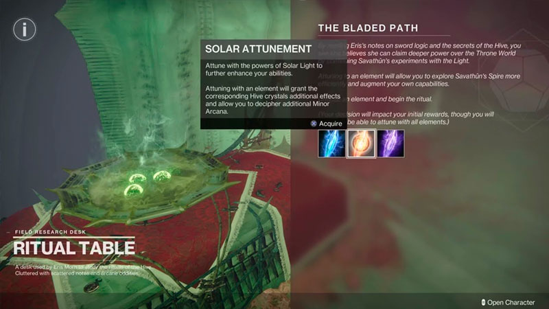 Pick Void, Arc, Solar Attunement at the Destiny 2 Ritual Table