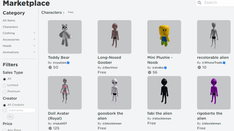Free avatar items and code rewards are different Roblox Marketplace free avatar bundle listings illustrating how free items differ from code-based reroll rewards
