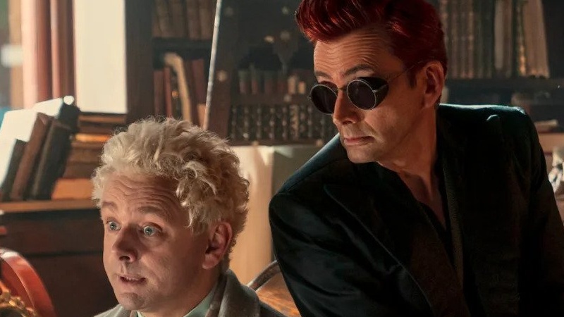 Shot from Good Omens with David Tennant and Michael Sheen