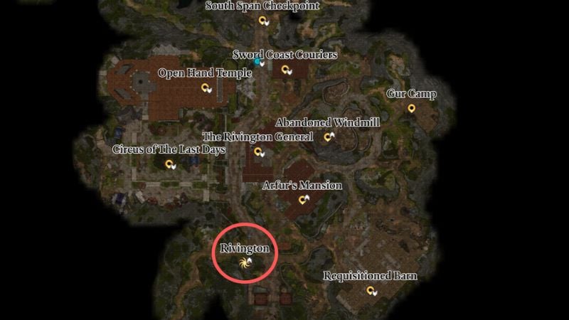 Open Hand Temple Murders in Baldur’s Gate 3: Rivington location on the map