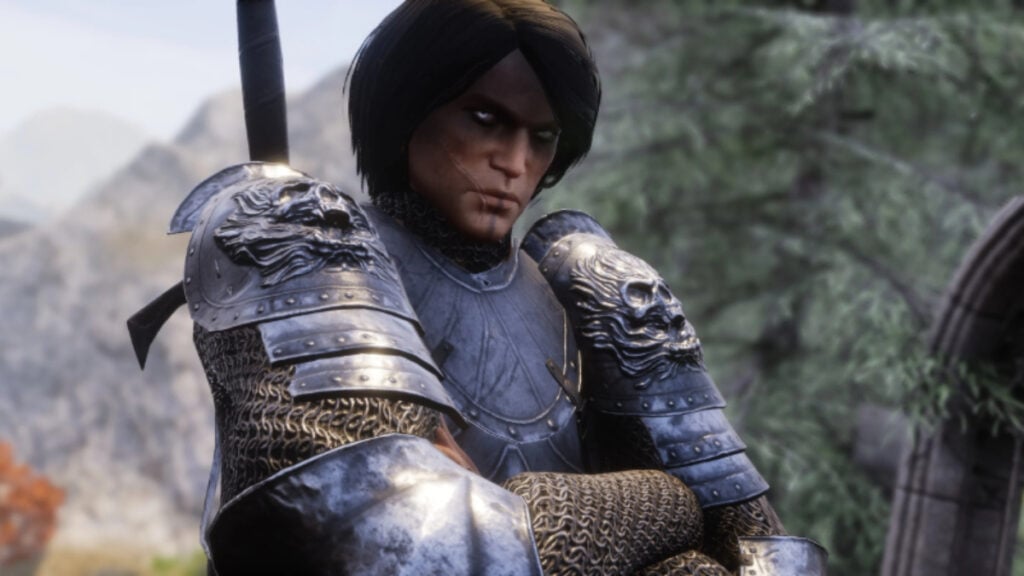 A close-up of an armored character with lush hair
