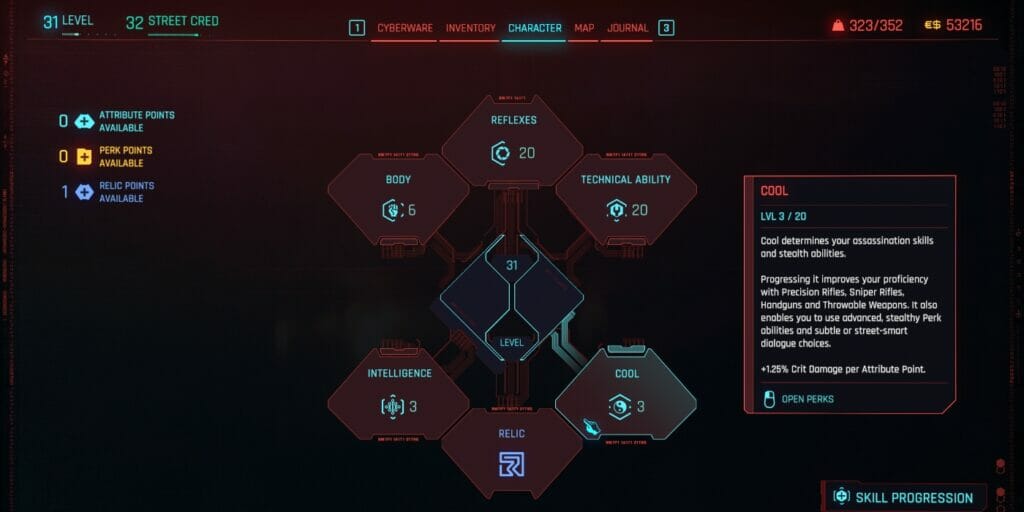 The Cool Attribute, part of the best 2.0 assassin build in CD Projekt Red's dystopian RPG