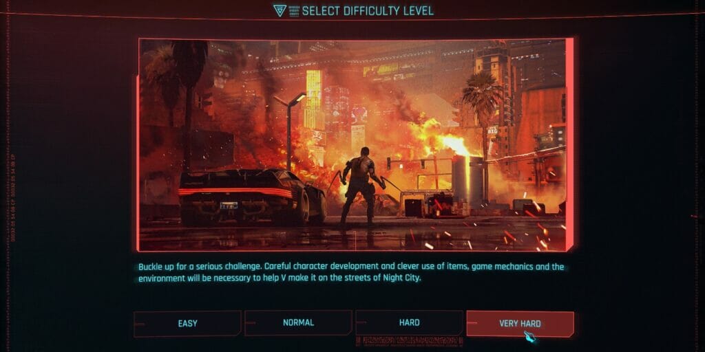 The difficulty selection screen in Cyberpunk 2077