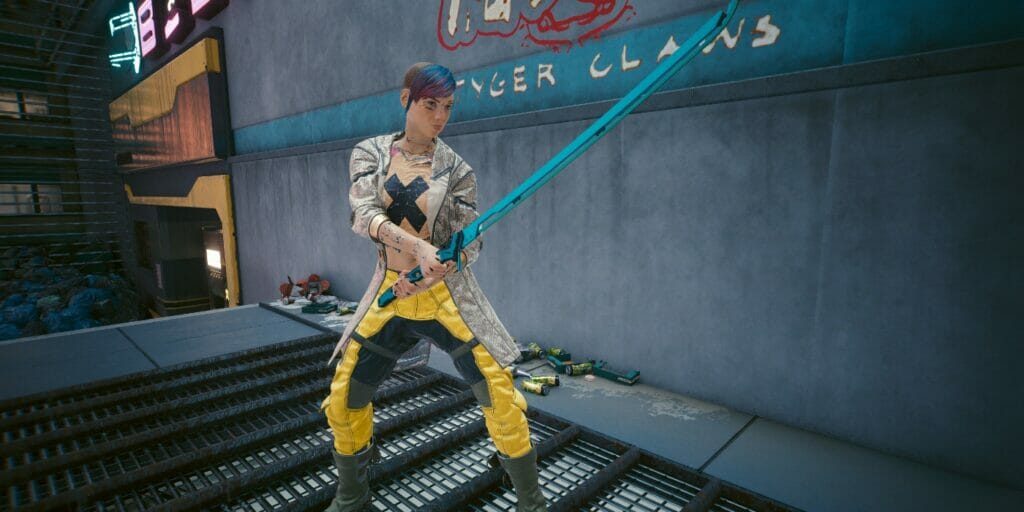 Best Melee Build In Cyberpunk 2077 (2.0) V posing with her katana in Cyberpunk 2077