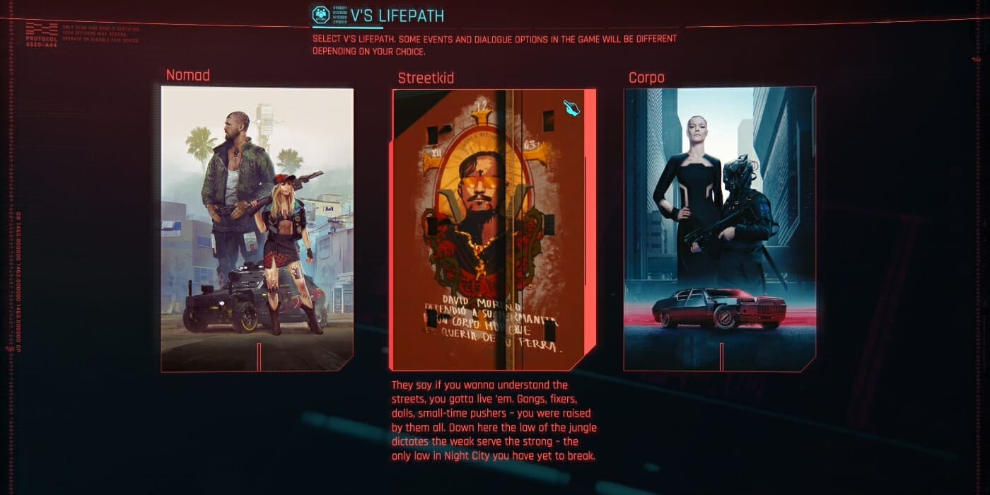 Lifepath selection screen, which the player can revist after beating Phantom Liberty