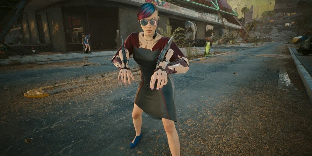 Best Mantis Blades Build In Cyberpunk 2077 (2.0) V poses with her Mantis Blades in Cyberpunk 2077