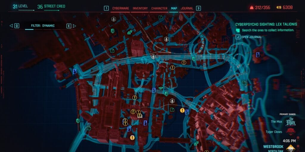 The map of Night City in Cyberpunk 2077